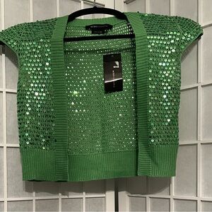 BCBGMaxAzria KIWI Green Sequin Knit Open Cardigan Bolero 100% Silk NWT